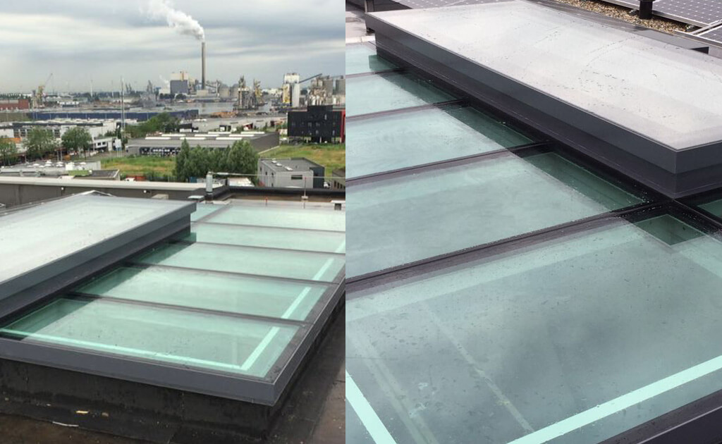 Walkon glass ceiling with electric roof acces hatch